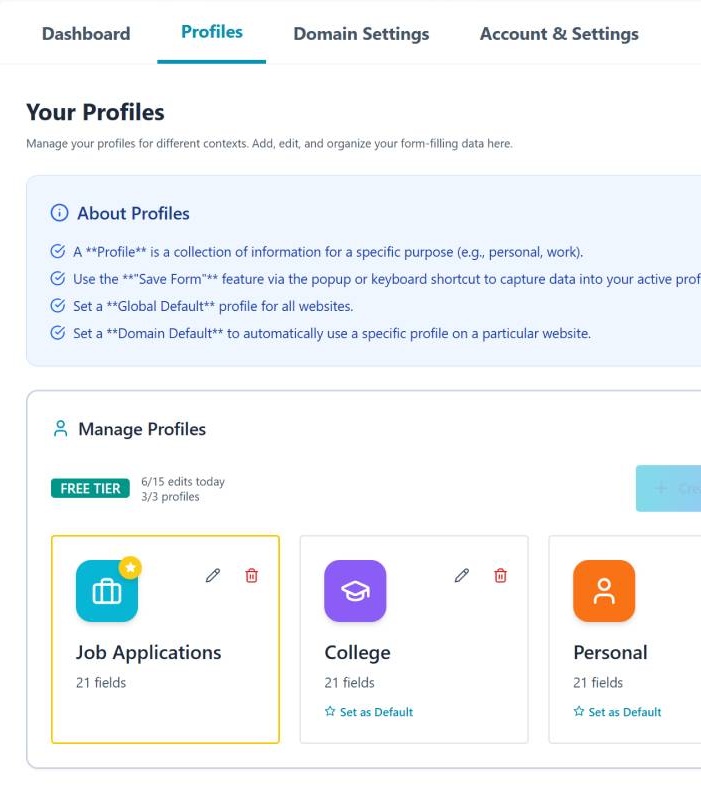 TETRAform settings showing multiple profiles — Job Applications, College, and Personal — each with custom icons and fields