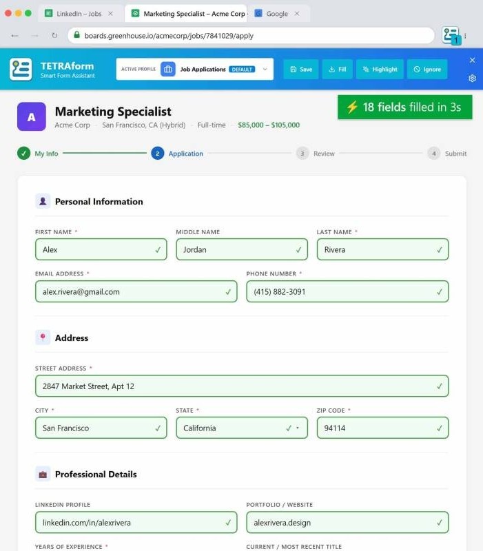 TETRAform autofilling a job application form on Greenhouse with 18 fields filled in 3 seconds